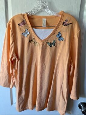 Dana Buchman Peach V-Neck Long Sleeve Top with Embroidered Butterflies